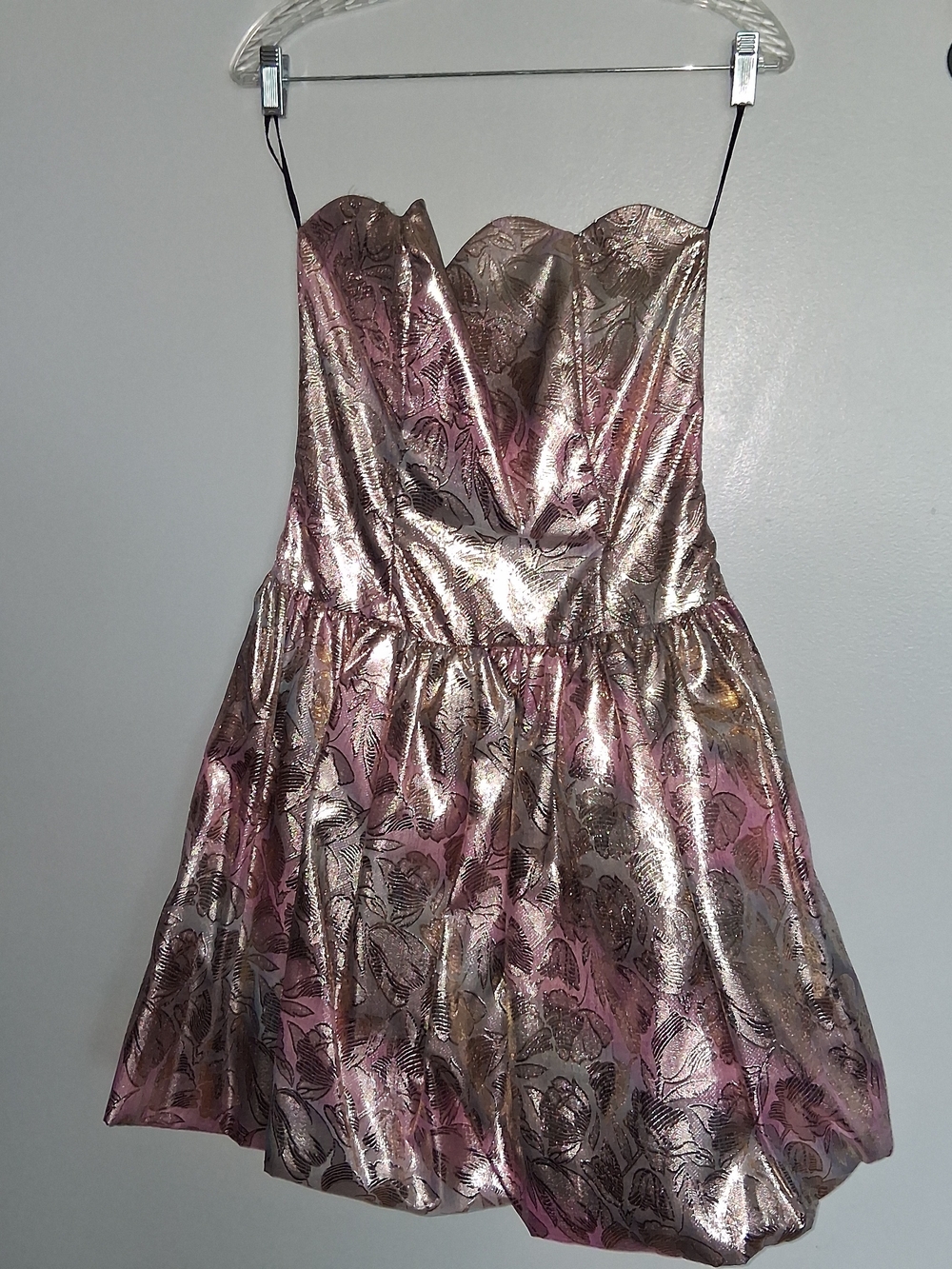 Gunne Sax Metallic Pink and Gold Strapless Floral Jacquard Dress